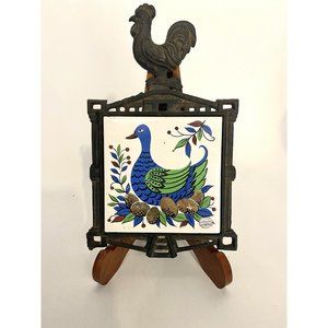 Enesco Cast Iron Trivet Made in Japan Blue Goose w/Eggs MCM